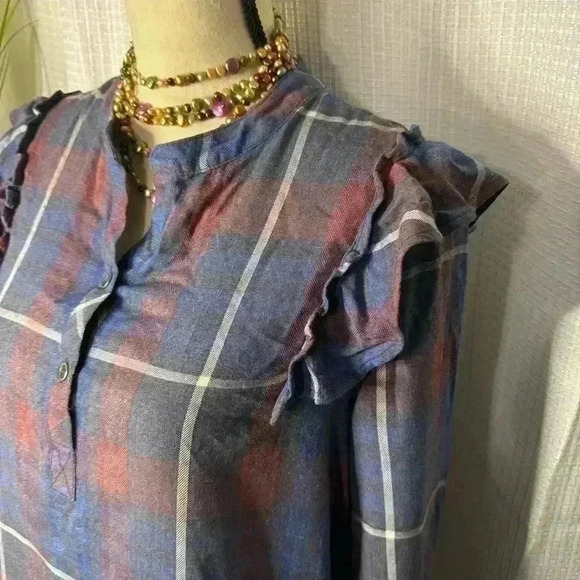 Anthropologie Cloth & Stone Plaid Ruffle V Neck Shirt Dress Size Small - Picture 4 of 13